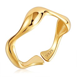Golden 925 Sterling Silver Wave Open Cuff Ring for Women, Golden, US Size 5 1/4(15.9mm)