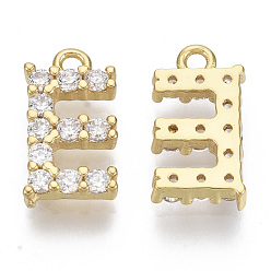 Letter E Brass Micro Pave Cubic Zirconia Charms, Nickel Free, Letter, Clear, Real 18K Gold Plated, Letter.E, 13x7.5x2.5mm, Hole: 1.2mm
