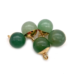 Green Aventurine Natural Green Aventurine Round Charms with Golden Plated Metal Findings, 15x10mm