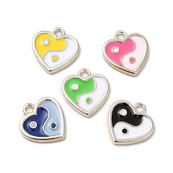 Platinum Alloy Enamel Charms, Heart with Yin Yang, Mixed Color, Platinum, 14x13.5x1.7mm, Hole: 1.6mm