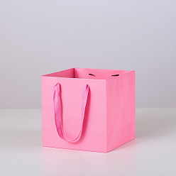 Hot Pink Solid Color Kraft Paper Gift Bags with Ribbon Handles, for Birthday Wedding Christmas Party Shopping Bags, Square, Hot Pink, 25x25x25cm