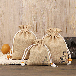 PapayaWhip Linenette Drawstring Bags, Rectangle with Lotus Flower Pattern and Beads, PapayaWhip, 14x10cm
