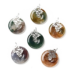 Moss Agate Natural Moss Agate Pendants, with Stainless Steel Color Tone 304 Stainless Steel Findings, Leaf with Donut/Pi Disc Charm, 37~38x30x10~11mm, Hole: 3mm