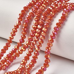 Naranja Rojo Electrochapa hilos de perlas de vidrio opacas, chapado en arco iris , facetados, Rondana plana, rojo naranja, 4x3 mm, agujero: 0.4 mm, sobre 123~127 unidades / cadena, 16.5~16.9 pulgada (42~43 cm)