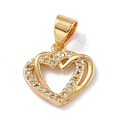 Real 18K Gold Plated Brass Micro Pave Clear Cubic Zirconia Charms, Long-Lasting Plated, Double Heart, Real 18K Gold Plated, 12.5x13x2mm, Hole: 3.5x4mm