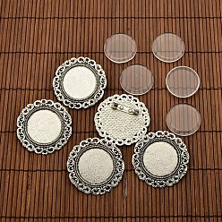 Antique Silver 25mm Transparent Glass Cabochons and Flat Round Tibetan Style Brooch Cabochon Settings, Cadmium Free & Nickel Free & Lead Free, Antique Silver, Cabochon Settings: 39mm, Tray: 25mm, Pin: 0.8mm