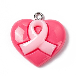 Rose Foncé Pendentifs acryliques, avec boucle en fer couleur platine, coeur avec breloque ruban de sensibilisation au cancer du sein, rose foncé, 23.5x23.4x7mm, Trou: 2mm