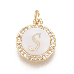 Letter S Brass Micro Pave Cubic Zirconia Pendants, with Shell, Long-Lasting Plated, Lead Free & Cadmium Free & Nickel Free, Real 18K Gold Plated, Flat Round with Letter, Clear, Letter.S, 16x13.5x3mm, Hole: 3mm
