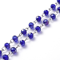 Dark Blue Handmade Electroplate Glass Beaded Chains, with Platinum Plated Iron Eye Pin, Unwelded, Dark Blue, 39.37 inch(100cm), Beads: 6x4.5mm