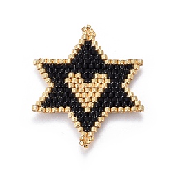 Noir Liens de perles de rocaille japonaises faites à la main miyuki & toho, Motif métier, pour juif, étoile de david avec coeur, noir, 34~35x30~31x1.7mm, Trou: 1.4mm