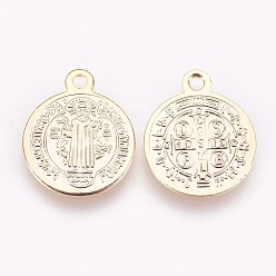 Real 18K Gold Plated Brass Charms, Nickel Free, Flat Round with CssmlNdsmd Cross God Father Religious Christianity Pendant, Real 18K Gold Plated, 15x12.5x0.7mm, Hole: 1.4mm