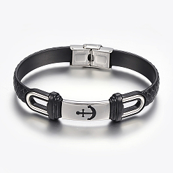 Noir Cuir PU bracelets de corde tressés, avec 304 accessoire en acier inoxydable, rectangle avec ancre, noir, 8-5/8 pouces (220 mm), 10~16x2.5~8.5mm