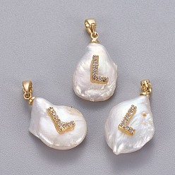 Letter L Natural Cultured Freshwater Pearl Pendants, with Brass Micro Pave Cubic Zirconia Findings, Nuggets with Letter, Long-Lasting Plated, Golden, Clear, Letter.L, 17~27x12~16x6~12mm, Hole: 4x2.5mm