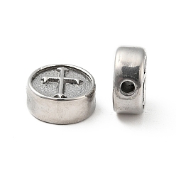 Stainless Steel Color 304 Stainless Steel Beads, Flat Round with Cross, Stainless Steel Color, 10.5x4.5mm, Hole: 1.6mm