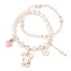 Pink 2 pcs 2 ensemble de bracelets extensibles en perles de verre et de perles sur le thème de Pâques, bracelets empilables lapin et fleur en alliage émaillé, rose, diamètre intérieur: 2-1/8 pouce (5.5 cm), 1 pc / style
