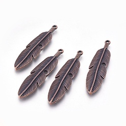 Red Copper Tibetan Style Alloy Feather Big Pendants, Cadmium Free & Nickel Free & Lead Free, Red Copper, 61x15x3mm, Hole: 2mm