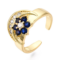 Medium Blue Cubic Zirconia Moon with Flower Open Cuff Ring, Real 18K Gold Plated Brass Jewelry for Women, Nickel Free, Medium Blue, US Size 8(18.1mm)
