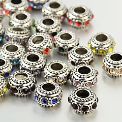 Mixed Color Antique Silver Zinc Alloy Rhinestone Large Hole European Rondelle Beads, Mixed Color, 10~12x6mm, Hole: 4.5mm