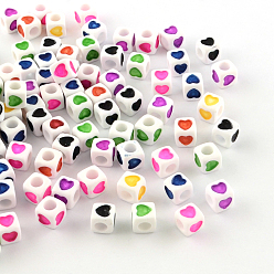 Couleur Mélangete Perles européennes opaques acrylique, grandes perles de cube de trous, avec un motif de coeur, couleur mixte, 7x7x7mm, trou: 4 mm, environ 1900 pcs / 500 g