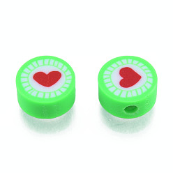 Spring Green Handmade Polymer Clay Beads, Flat Round with Heart, Spring Green, 9.5~10x4.5~5mm, Hole: 1.6mm