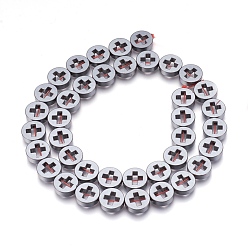 Non-magnetic Hematite Non-magnetic Synthetic Hematite Bead Strands, Flat Round with Cross, 10~10.5x3mm, Hole: 1mm, about 39pcs/strand, 15.7 inch(40cm)