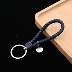 Prussian Blue PU Leather Knitting Keychains, Wristlet Keychains, with Platinum Tone Plated Alloy Key Rings, Prussian Blue, 12.5x3.2cm
