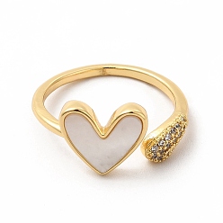 Golden Natural Shell Heart Open Cuff Ring with Cubic Zirconia, Brass Jewelry for Women, Golden, Inner Diameter: 17mm