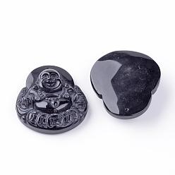 Obsidienne Pendentifs en obsidienne naturelles, Bouddha, 47x42x13mm, Trou: 1.5mm
