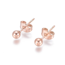 Rose Gold Ion Plating(IP) 304 Stainless Steel Stud Earrings, Ball Stud Earrings, with Earring Backs, Rose Gold, 15x4mm, Pin: 0.8mm