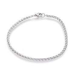 Stainless Steel Color 304 Stainless Steel Wheat Chain Bracelets, with Lobster Claw Clasps, Stainless Steel Color, 7-7/8 inch(20cm), 3mm