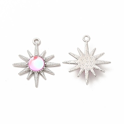 Pearl Pink Rack Plating Alloy Pendants, Sun Charms, with Resin, Platinum, Cadmium Free & Nickel Free & Lead Free, Pearl Pink, 28x25x5mm, Hole: 1.8mm