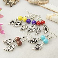 Mixed Color Dangle Leaf Earrings, with Tibetan Style Pendant, Glass Beads and Brass Earring Hook, Mixed Color, 48mm