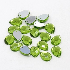 Green Yellow Sew on Rhinestone, Taiwan Acrylic Rhinestone, Two Holes, Garments Accessories, Green Yellow, teardrop, about 10mm wide, 14mm long, 4mm thick, hole: 1mm