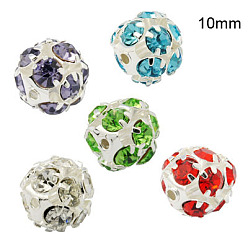 Mixed Color Brass Rhinestone Beads, with Iron Single Core, Grade A, Silver Color Plated, Round, Mixed Color, 10mm in diameter, Hole: 1mm