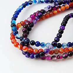 Mixed Color Natural Striped Agate/Banded Agate Beads Strands, Round, Grade A, Dyed, Mixed Color, 4mm, Hole: 1mm