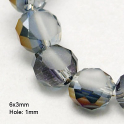 Gray Electroplate Glass Beads, Half Plated, Faceted, Frosted, Flat Round, Gray, 6x3mm