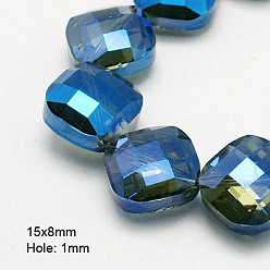 Blue Electroplate Glass Beads Strands, Half Plated, Faceted, Square, Blue, 15x15x8mm, Hole: 1mm