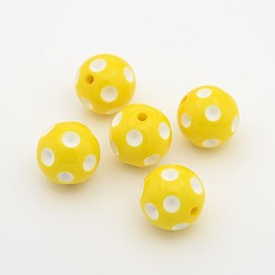 Yellow Chunky Bubblegum Acrylic Beads, Round with Polka Dot Pattern, Yellow, 20x19mm, Hole: 2.5mm, Fit for 5mm Rhinestone