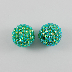 Vert Mer Moyen Chunky perles strass résine bubblegum à billes, couleur ab , ronde, vert de mer moyen, 20x18mm, trou: environ 2.5 mm