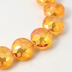 Dark Orange Electorplated Glass Beads, Rainbow Plated, Faceted, Flat Round, Dark Orange, 14x9mm, Hole: 1mm