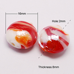 Red Handmade Lampwork Beads, Pearlized, Flat Round, Red, 16x8mm, Hole: 2mm