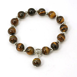 Œil De Tigre Bracelets de perles de pierre gemme de mode, bracelets élastiques, avec des perles anciennes en alliage d'argent, oeil de tigre, 55mm
