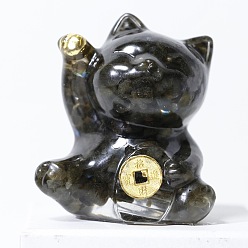 Labradorita Decoraciones de exhibición artesanales de resina y chips de labradorita natural, figura de gato de la suerte, para el hogar adorno de feng shui, 63x55x45 mm