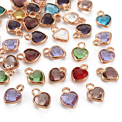 Mixed Color Glass Charms, with Light Gold Tone Brass Findings, Long-Lasting Plated, Faceted, Heart, Mixed Color, 9x6.5x3mm, Hole: 1.6mm