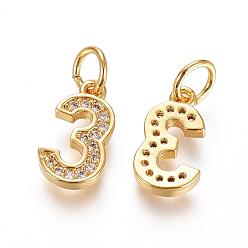 Number Brass Micro Pave Clear Cubic Zirconia Charms, with Jump Ring, Number, Golden, Num.3, 12x7x2mm, Hole: 3mm
