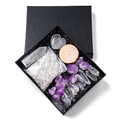 Quartz Crystal Natural Quartz Crystal & Amethyst Bullet & Heart & Nugget & Chips Gift Box, Display Decorations, Pocket Worry Stone, Reiki Energy Stone Ornament, with Wood Slice, Package Size: 135x110x30mm
