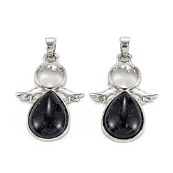 Blue Goldstone Synthetic Blue Goldstone Pendants, with Platinum Tone Alloy Findings, Angel, 35x24.5x6mm, Hole: 6x5mm