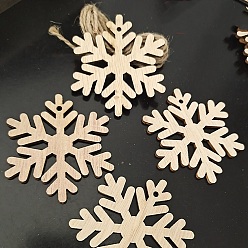 Snowflake Unfinished Wood Pendant Decorations, with Hemp Rope, for Christmas Ornaments, Snowflake, 7.3x6.7x0.25cm, 10pcs/bag