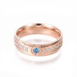 Rose Gold 304 Stainless Steel Finger Rings, with Cubic Zirconia, Rose Gold, Size 6~9, 16~19mm