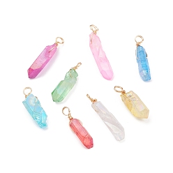 Mixed Color Electroplated Natural Quartz Crystal Pendants, with Golden Brass Findings, Dyed, Nuggets, Mixed Color, 28~40x6.5~9x6~8mm, Hole: 4mm